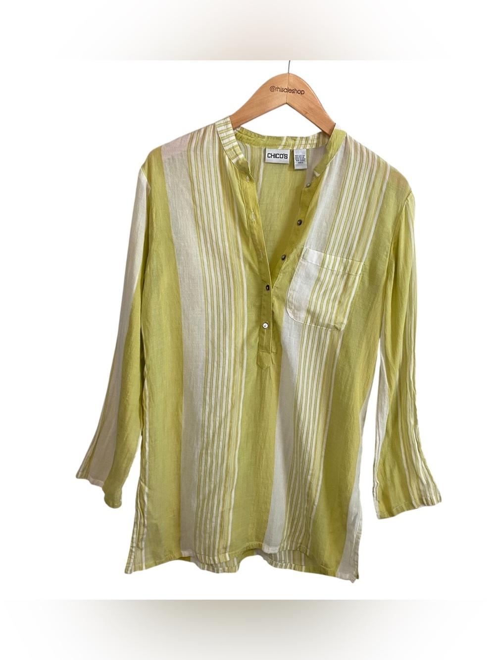 Chico's Chartreuse Stripe Lightweight Cotton Blend Popover Tunic Top Size 0/S